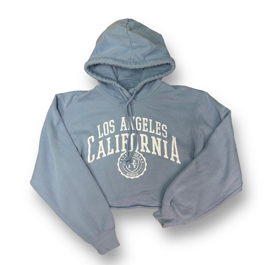 A periwinkle blue Hollister hoodie with a hood, long sleeves, and the text 'LOS ANGELES CALIFORNIA' printed across the front.
