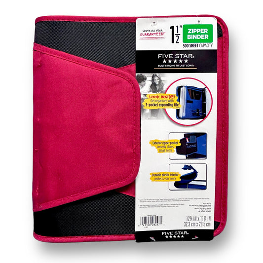 NEW! Five Star 1 1/2" Zipper Binder 3 Ring 500 Sheet with Expanding Pocket Files