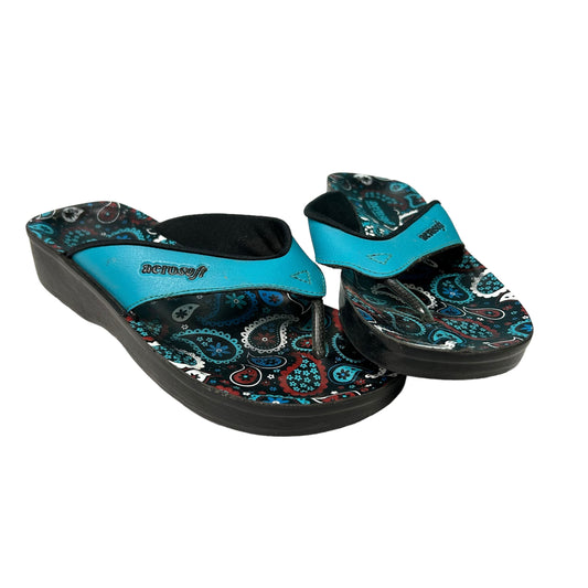 A pair of Aerosoft women's thong sandals in black with blue floral print.