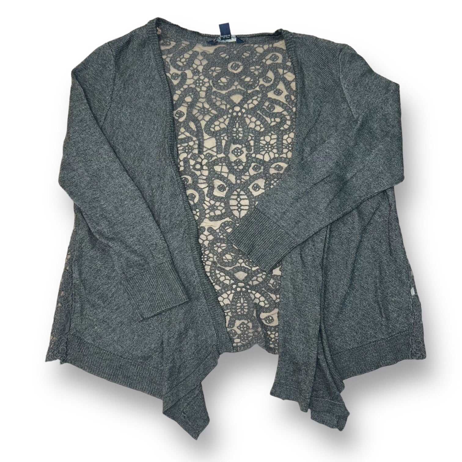 American Eagle Women's Cardigan in gray color, size XS, displayed on a mannequin with a lace detail on the inside.