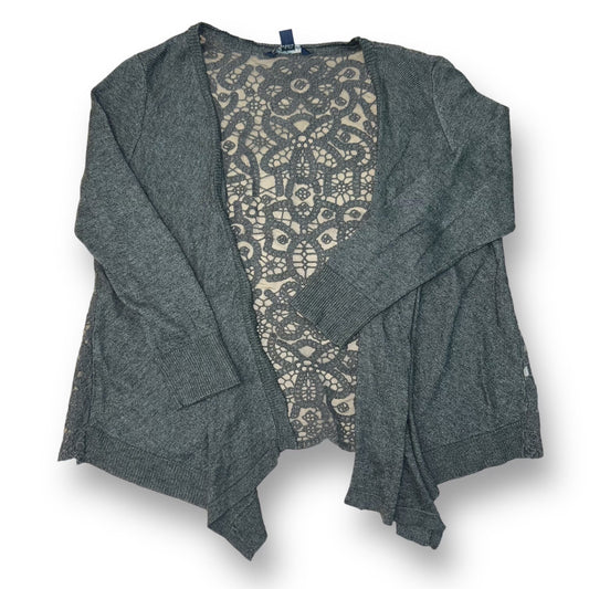 American Eagle Women's Cardigan in gray color, size XS, displayed on a mannequin with a lace detail on the inside.